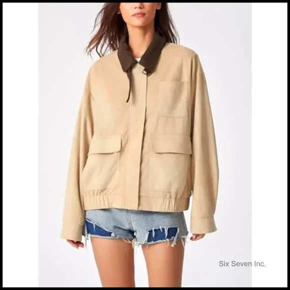 Oversized Faux Suede Bomber Jacket Corduroy Collar Vintage Barn Coat Chic - Picture 5 of 7